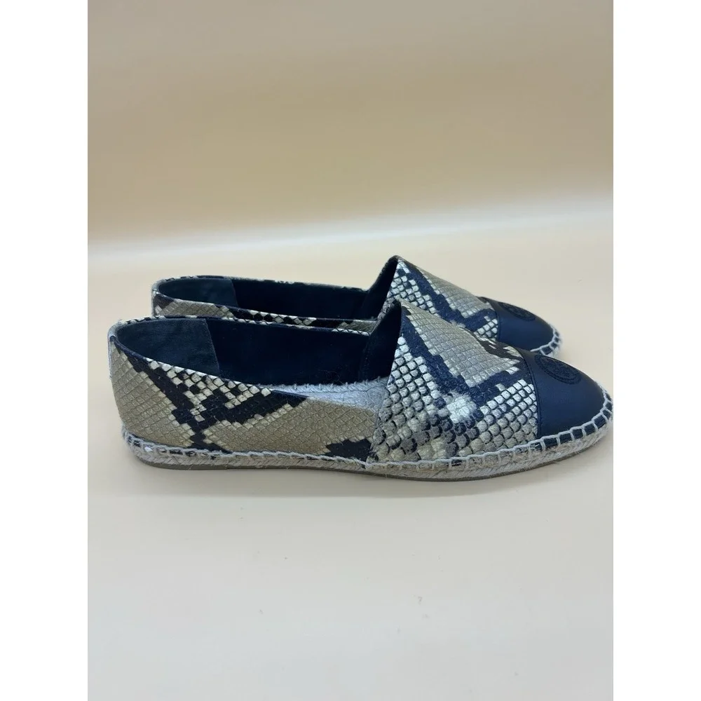 Tory Burch Snake Embossed Espadrille Flats Women's Size 9 Black Beige 12423